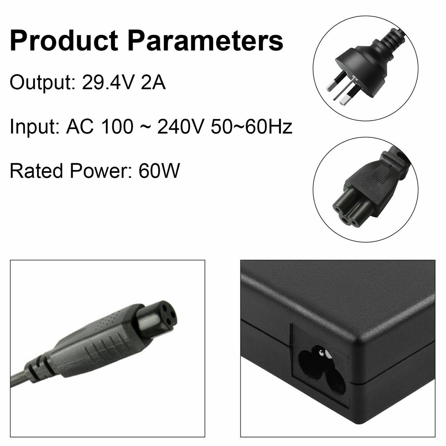 29.4V 2A Power Charger Adapter for 24V 10Ah Lithium Li-ion E-Bike Electric Car