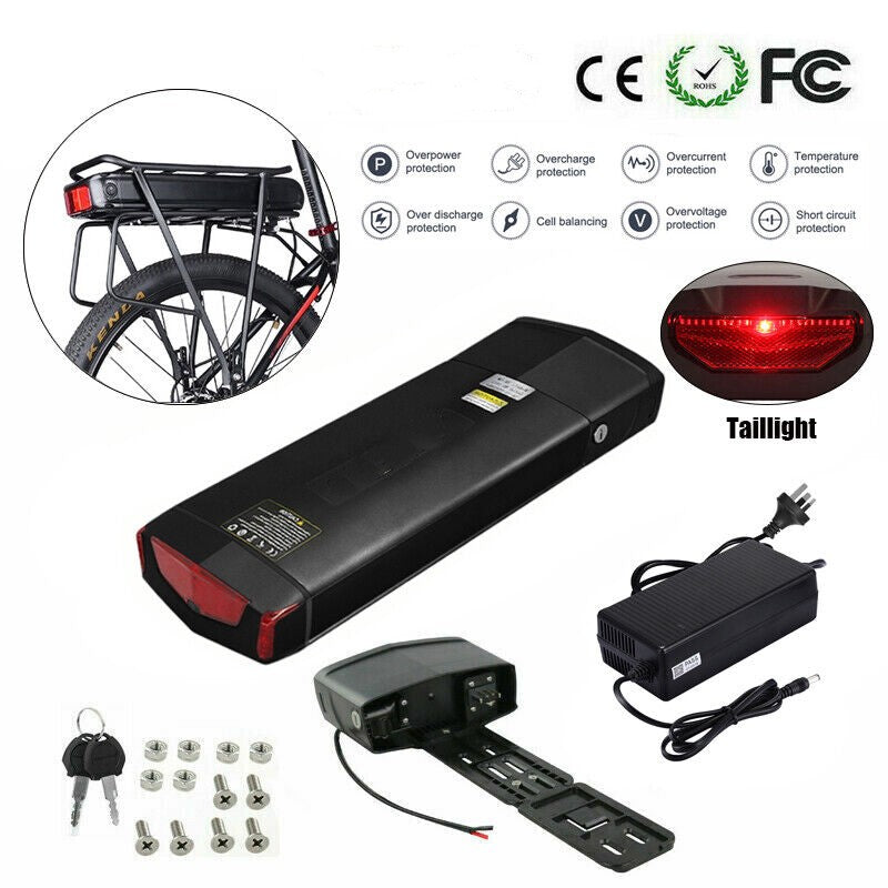 36V 10AH Electric Lithium E-bike Battery LED Rear Rack Tail for 350W 500W