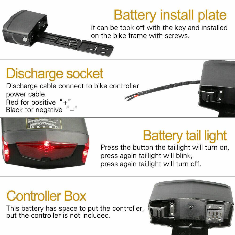 36V 10AH Electric Lithium E-bike Battery LED Rear Rack Tail for 350W 500W