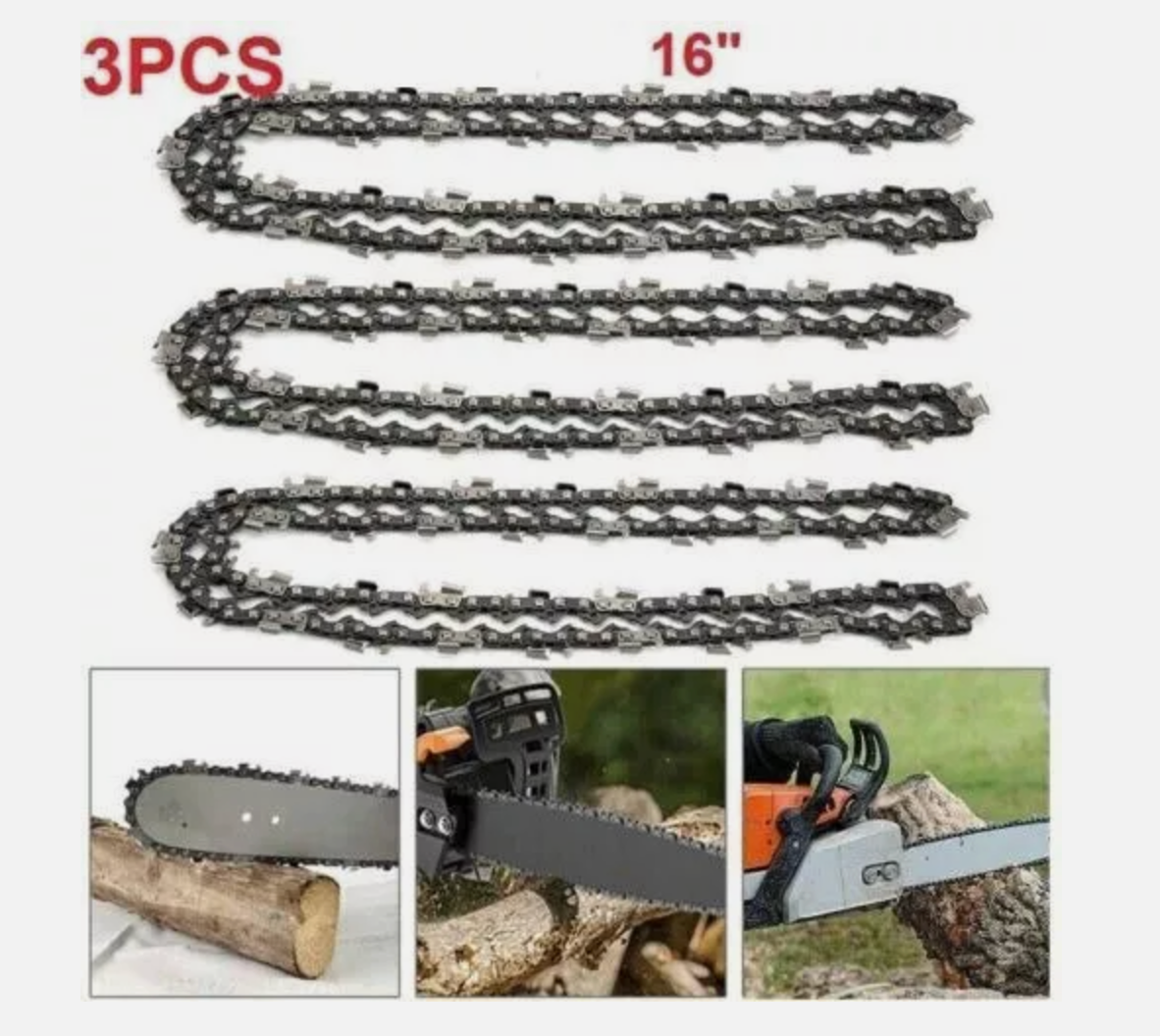 3PCS Chainsaw Chain Blade Saw Chains Semi Chisel 16 Inch