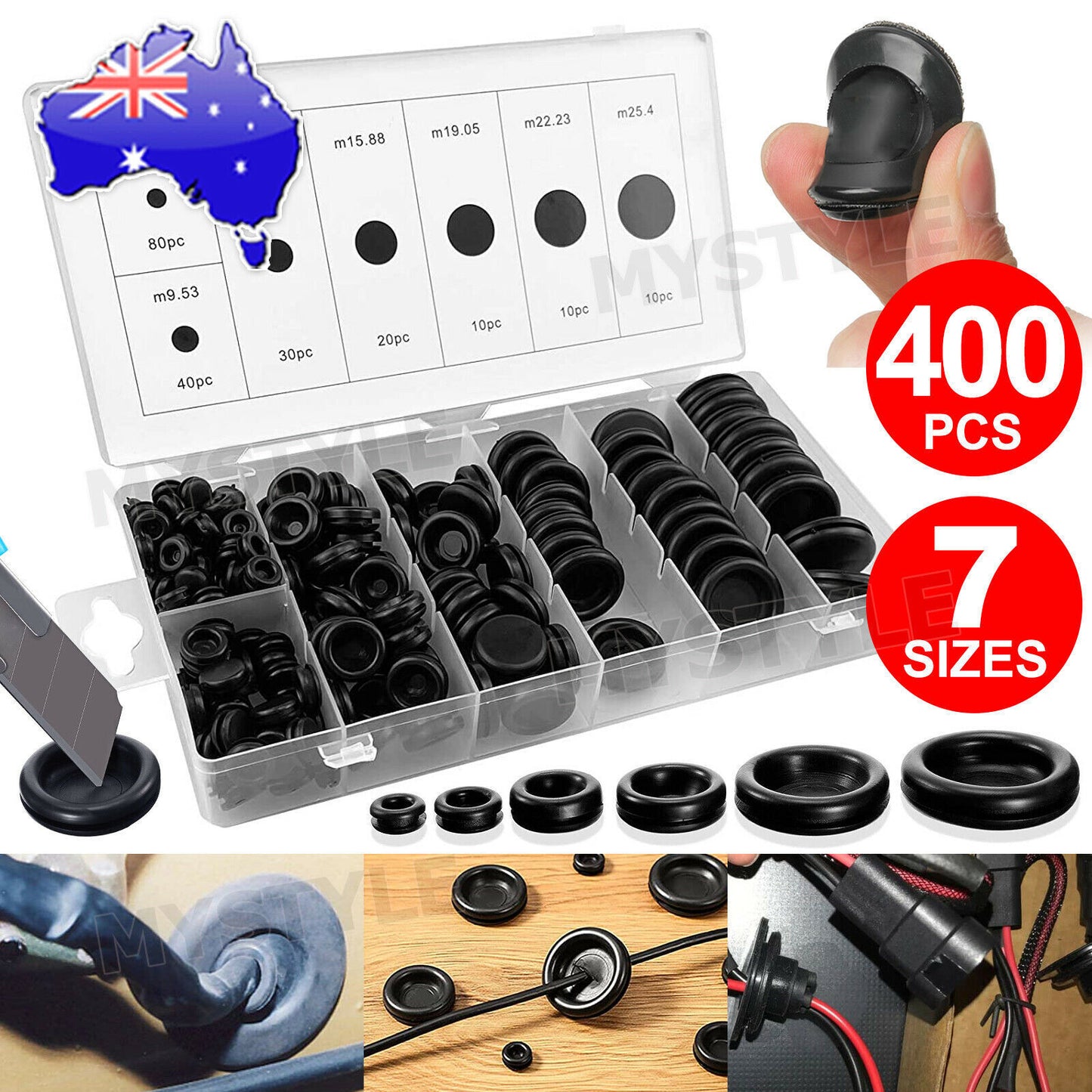 400PCS Auto Rubber Grommet Assortment Set Fastener Kit Blanking 7 Popular Sizes