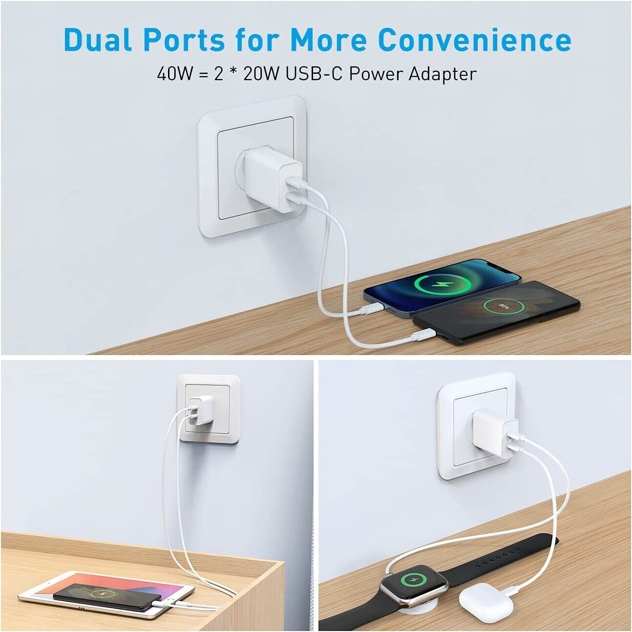 40W DUAL USB-C PD Fast Charging Wall USB C Charger Power Adapter Type-C Brick