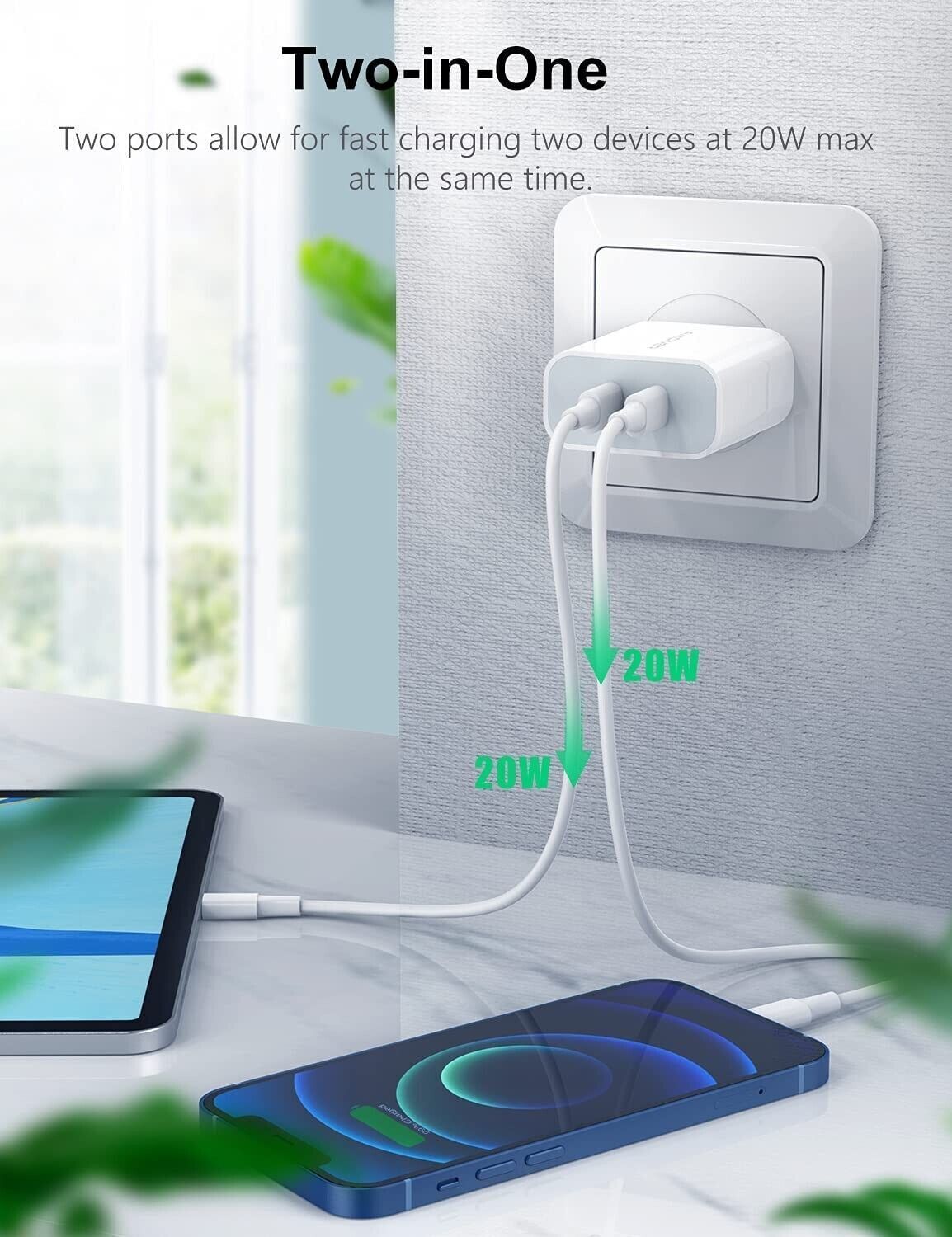 40W DUAL USB-C PD Fast Charging Wall USB C Charger Power Adapter Type-C Brick