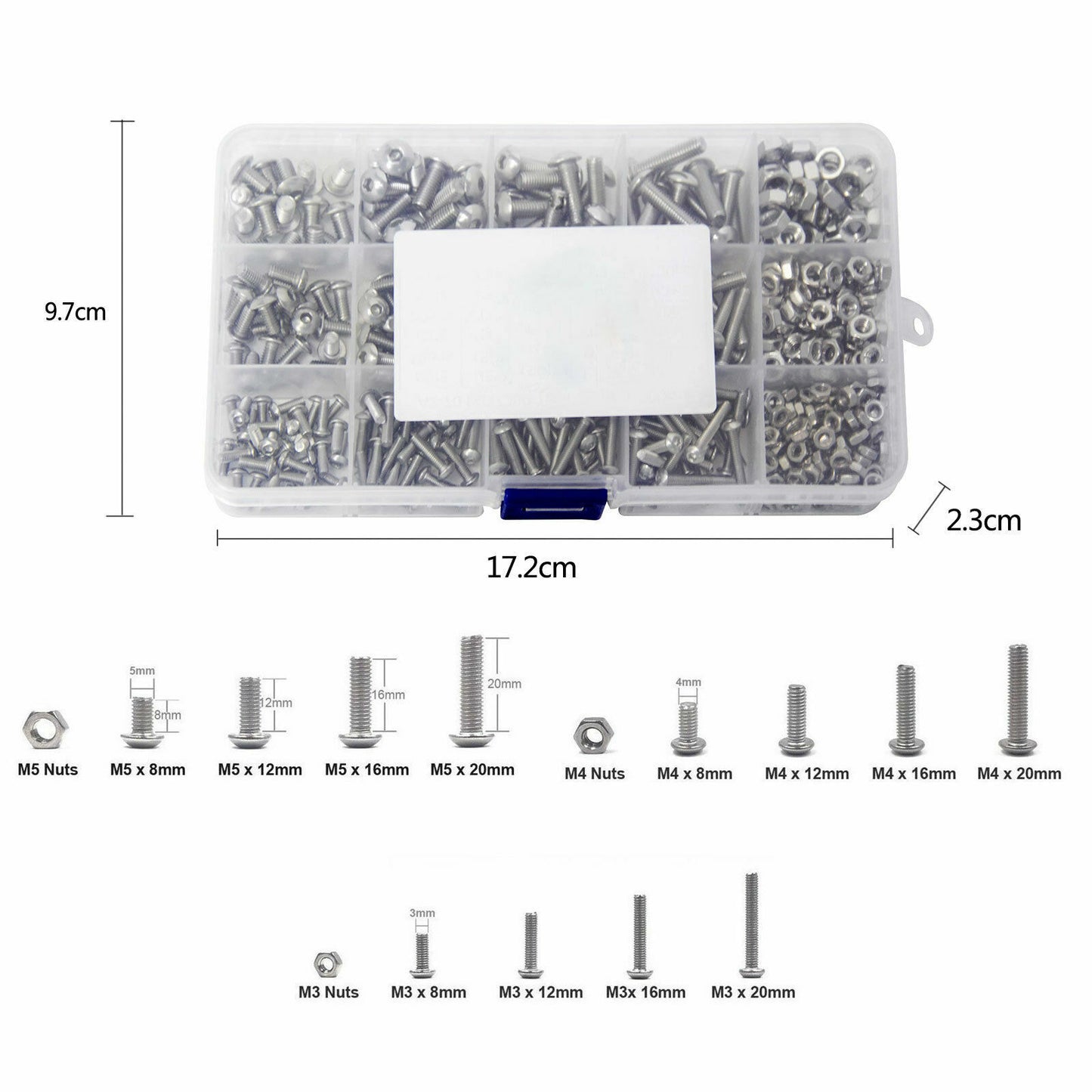 M3 M4 M5 304 500pc Stainless Steel Hex Socket Button Head Bolts Screws Nuts Kit