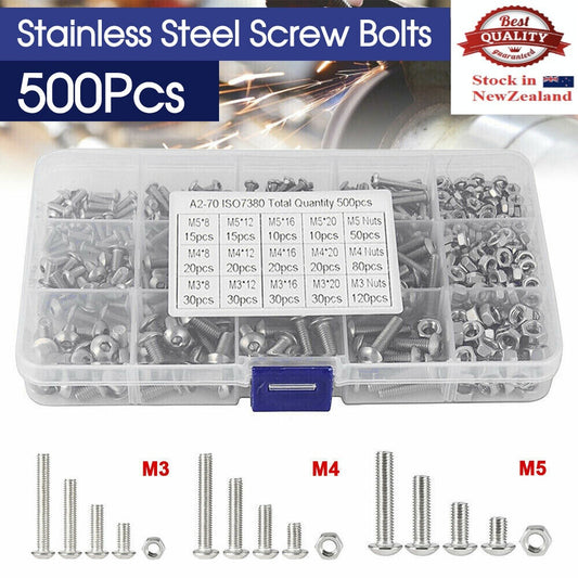 M3 M4 M5 304 500pc Stainless Steel Hex Socket Button Head Bolts Screws Nuts Kit