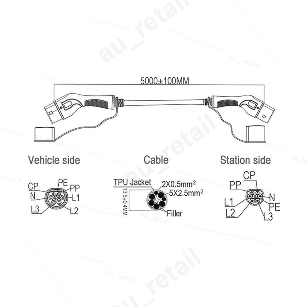 EV Power Type 2 to Type 2 Charging Cable 32A 22kW 3-Phase BYD Atto 3 Tesla MG4