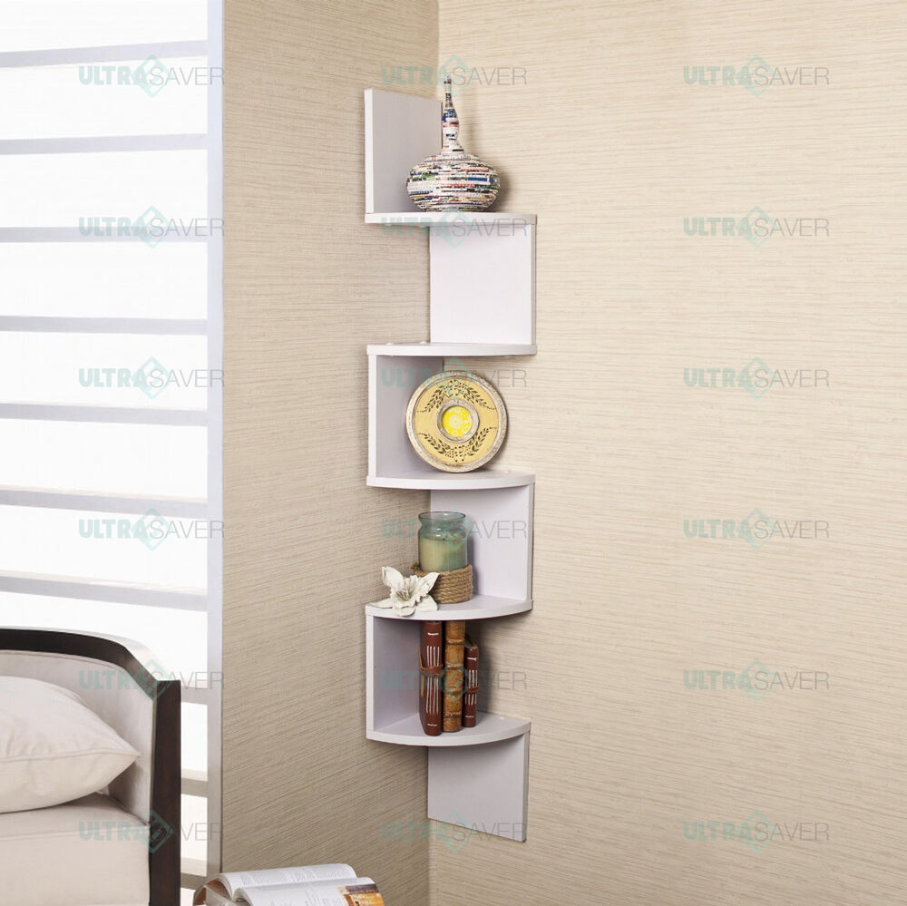 5 Tier Large Corner Wall Mount Shelf Zig Zag DVD CD Storage Home Display Decor