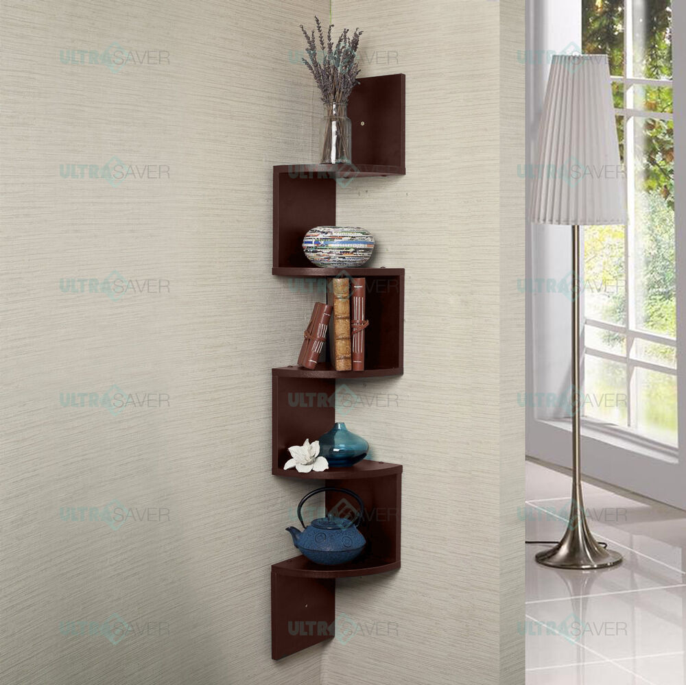 5 Tier Large Corner Wall Mount Shelf Zig Zag DVD CD Storage Home Display Decor