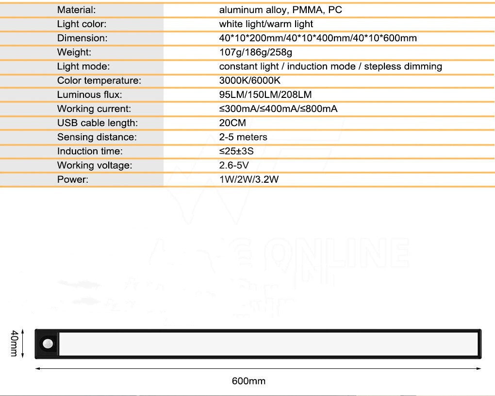 60CM LED Under Cabinet Lighting Motion Sensor Light Rechargeable Magnetic