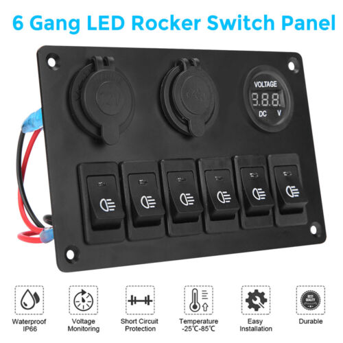 6 Gang 12V Switch Panel Control USB ON-OFF LED Rocker Toggle For Car Boat Marine