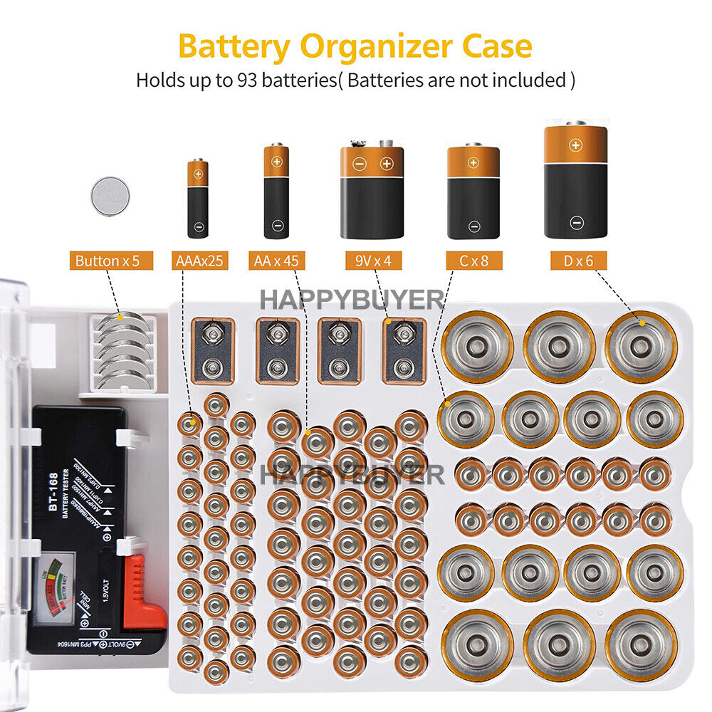 Battery Storage Organiser Holder with Tester-Battery Caddy Rack Case Box 93 Slot