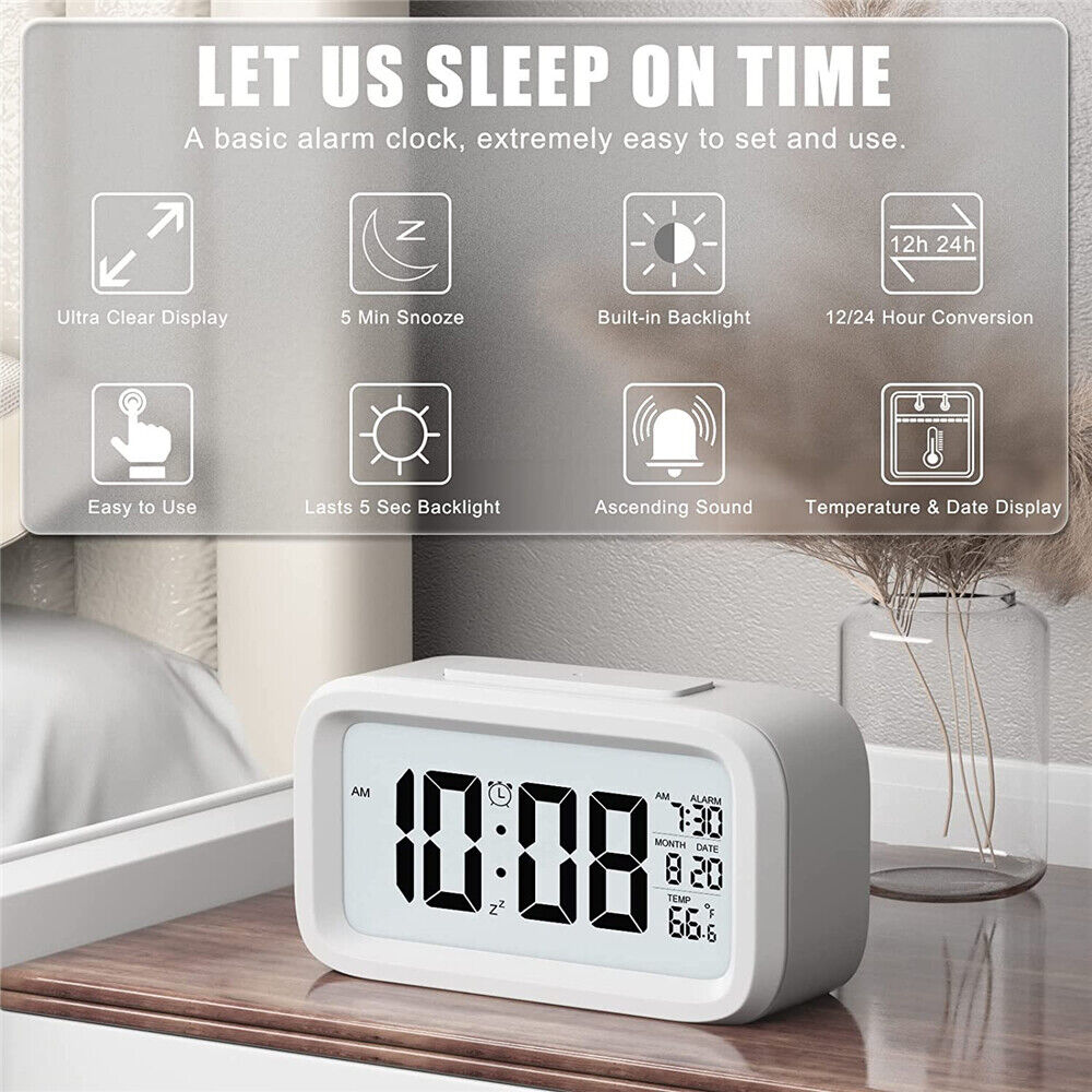 Digital Bedside LED Snooze Alarm Clock Time Temperature Day/Night Desktop Clocks