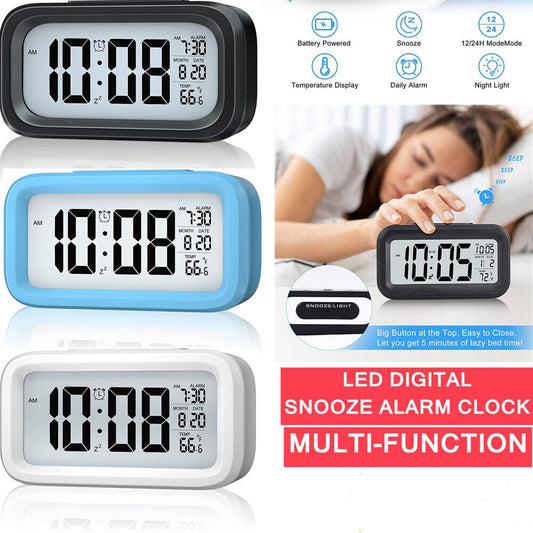 Digital Bedside LED Snooze Alarm Clock Time Temperature Day/Night Desktop Clocks