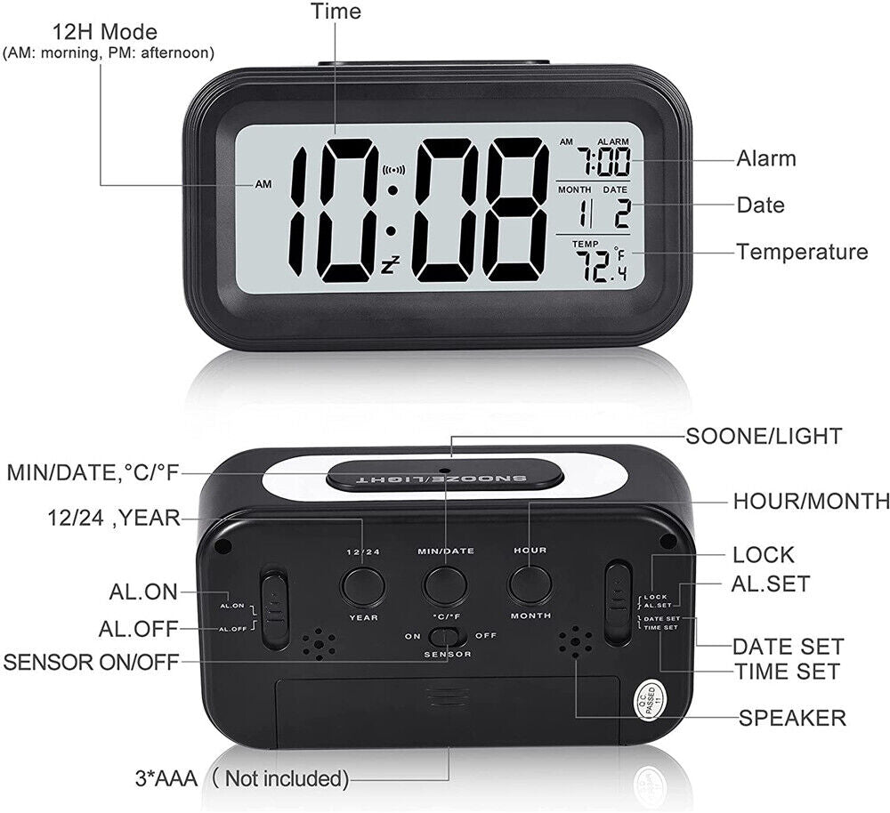 Digital Bedside LED Snooze Alarm Clock Time Temperature Day/Night Desktop Clocks