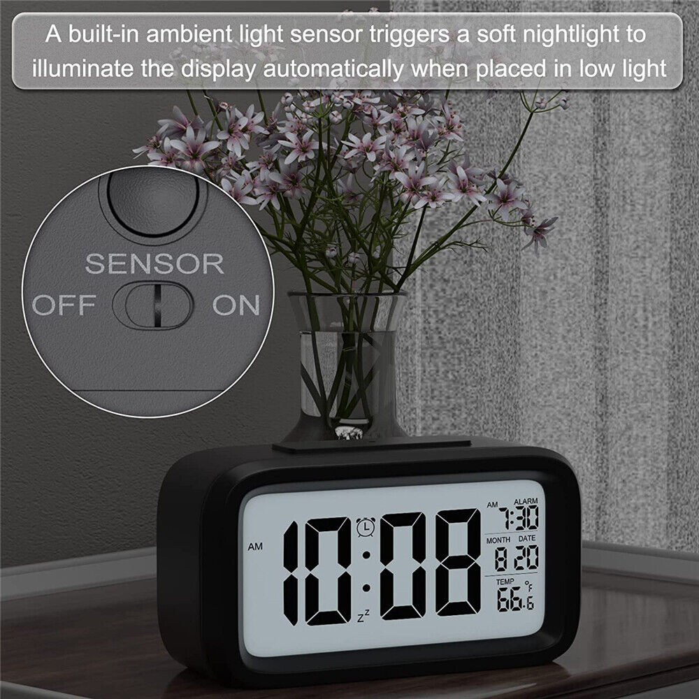 Digital Bedside LED Snooze Alarm Clock Time Temperature Day/Night Desktop Clocks