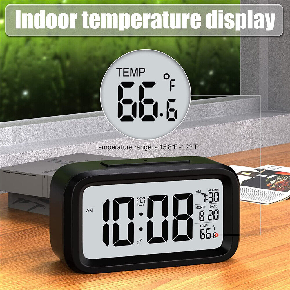 Digital Bedside LED Snooze Alarm Clock Time Temperature Day/Night Desktop Clocks