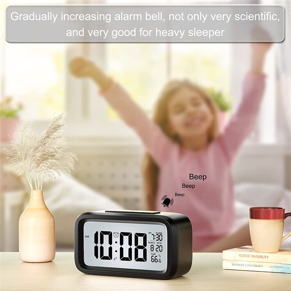 Digital Bedside LED Snooze Alarm Clock Time Temperature Day/Night Desktop Clocks