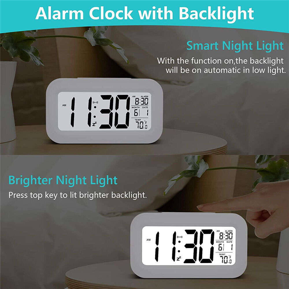 Digital Bedside LED Snooze Alarm Clock Time Temperature Day/Night Desktop Clocks