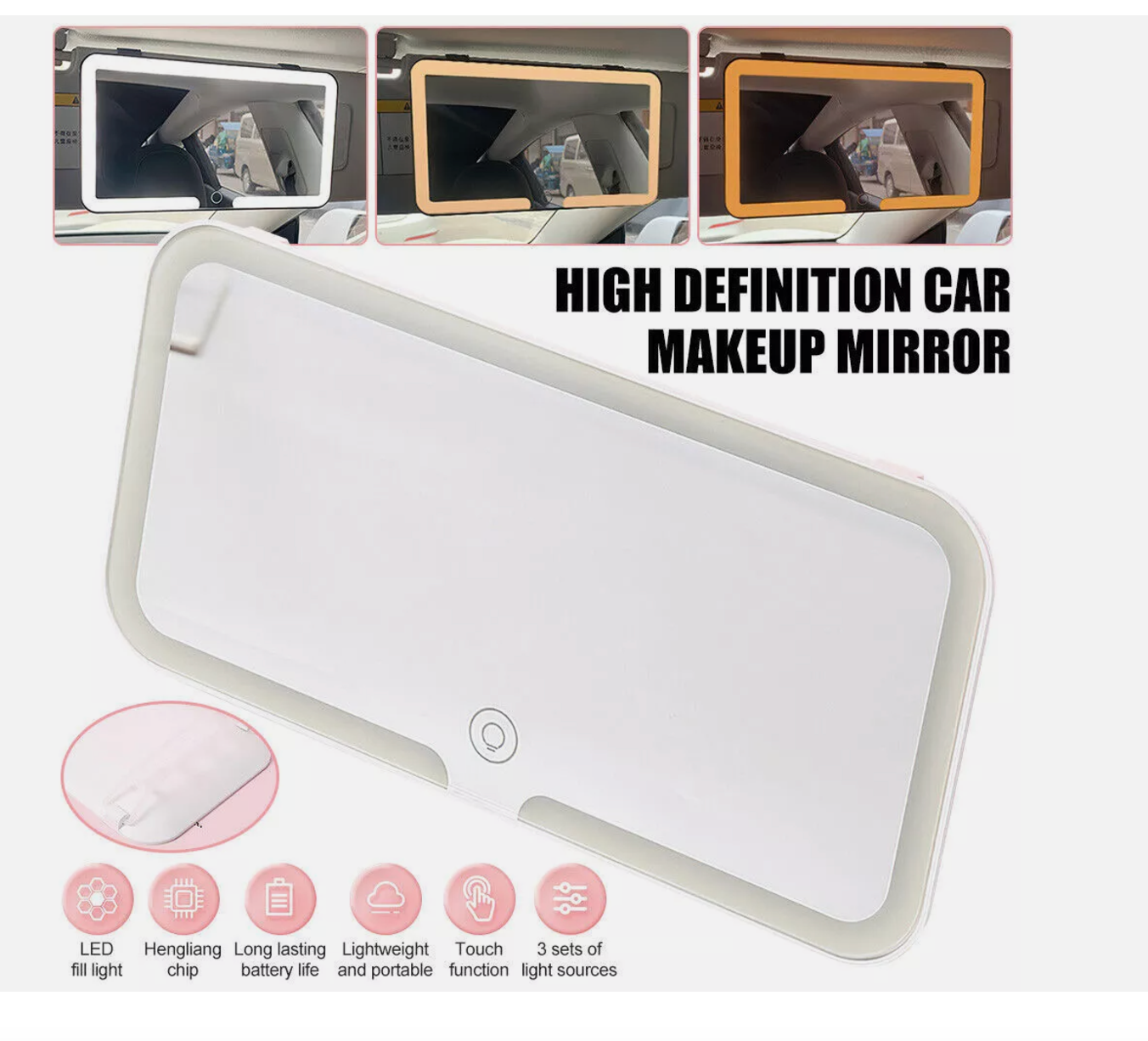 Car Sun Visor LED Makeup Cosmetic Vanity Mirror Set 3 Type Light Touch Screen