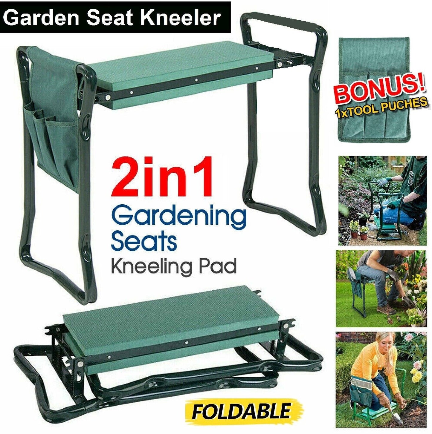 2 in1 Garden Kneeler and Seat Foldable Tool Pouch Home Outdoor Bench Knee Pad