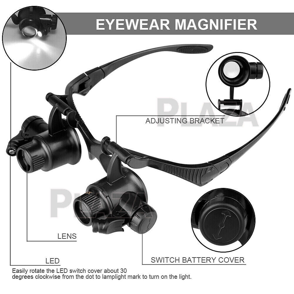 Magnifying Glass Loupe Headband Headset Head Light Jeweler Magnifier 2 LED Lamp