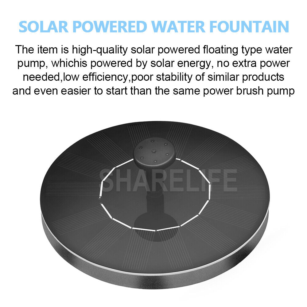 Bird Bath Fountain Solar Powered Water Pump Floating Outdoor Pond Garden Pool