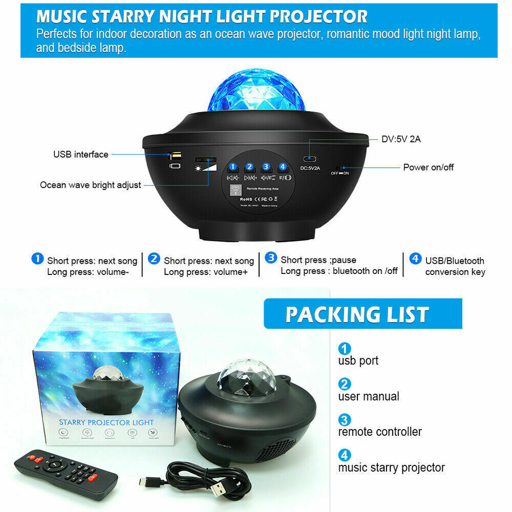 Bluetooth LED Galaxy Starry Night Light Projector Ocean Star Sky Party Lamp Gift