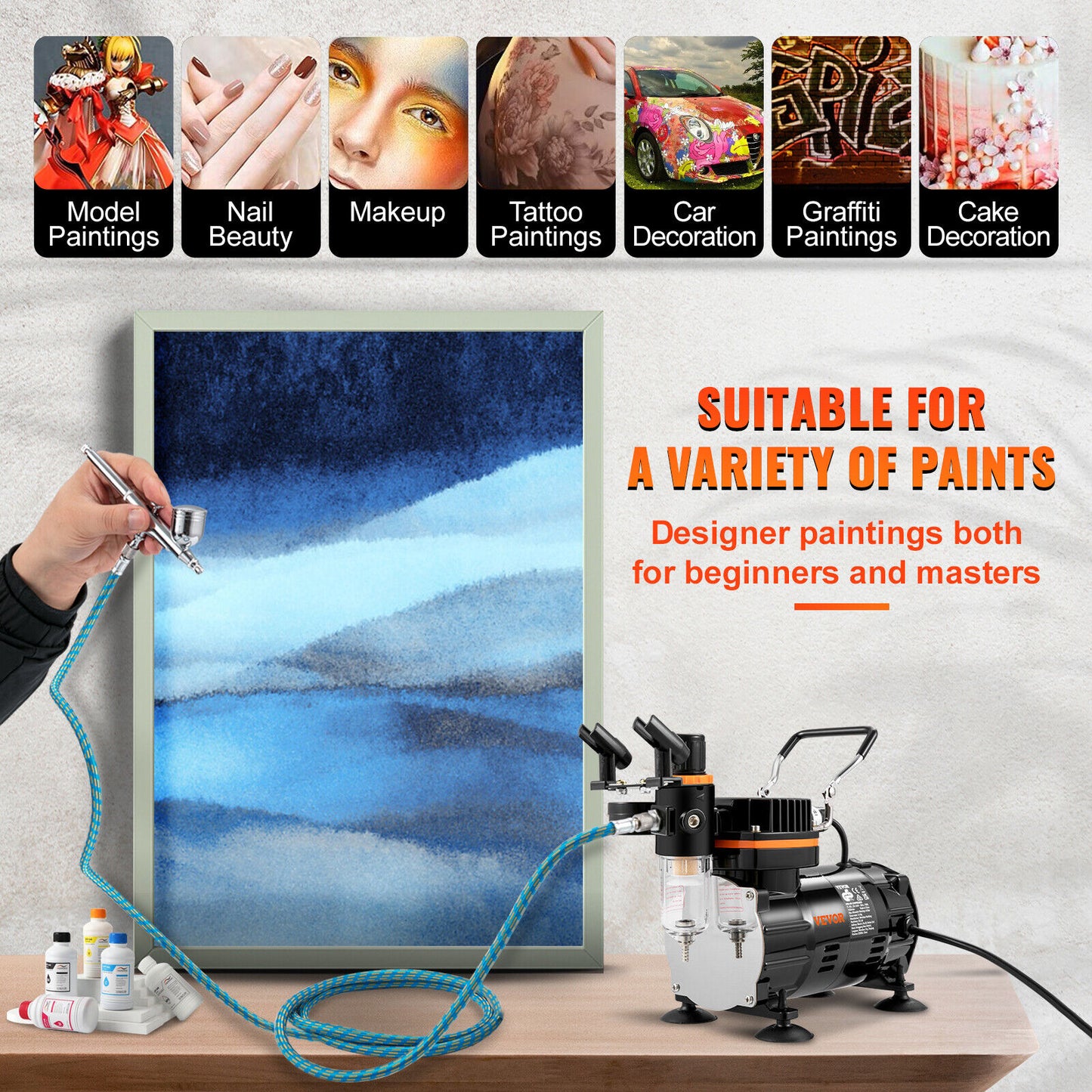 Airbrush Kit Dual Action Air Brush Compressor 0.2/0.3/0.8mm Spray Gun