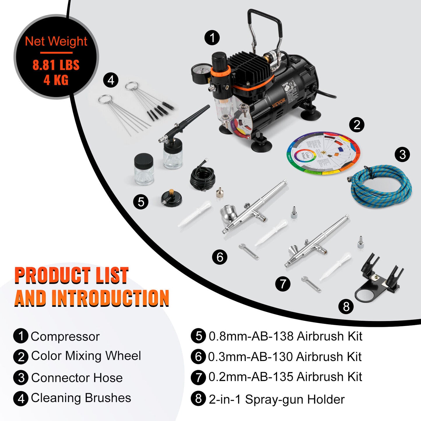 Airbrush Kit Dual Action Air Brush Compressor 0.2/0.3/0.8mm Spray Gun