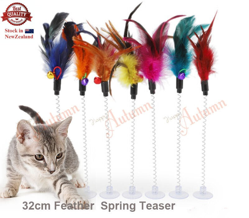 Cat Play Toy Feather Teaser Spring Suction Cup Interactive Stick Kitten Pet Fun