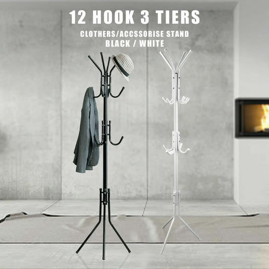 12 Hook 3-Tier Hat Coat Clothes Rack Umbrella Stand Tree Style Steel Hanger New