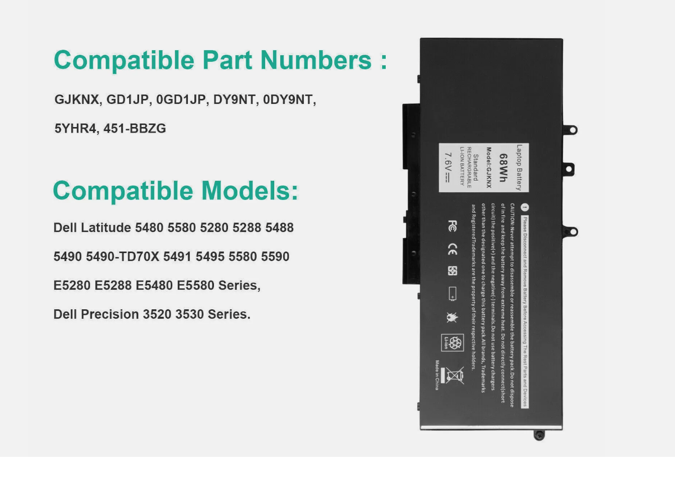 68Wh Battery For Dell Latitude 5480 5580 5490 5590 5488 E5280 E5288 E5480 GJKNX