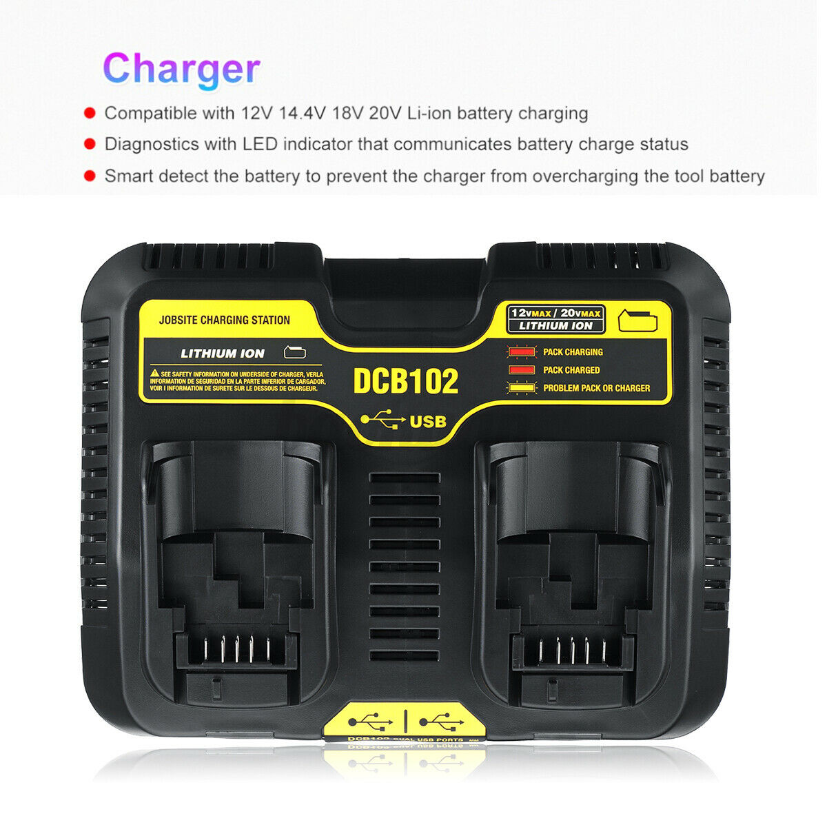 Compatible DEWALT DCB102-XE DUAL PORT USB Li-ion Multivoltage Charger