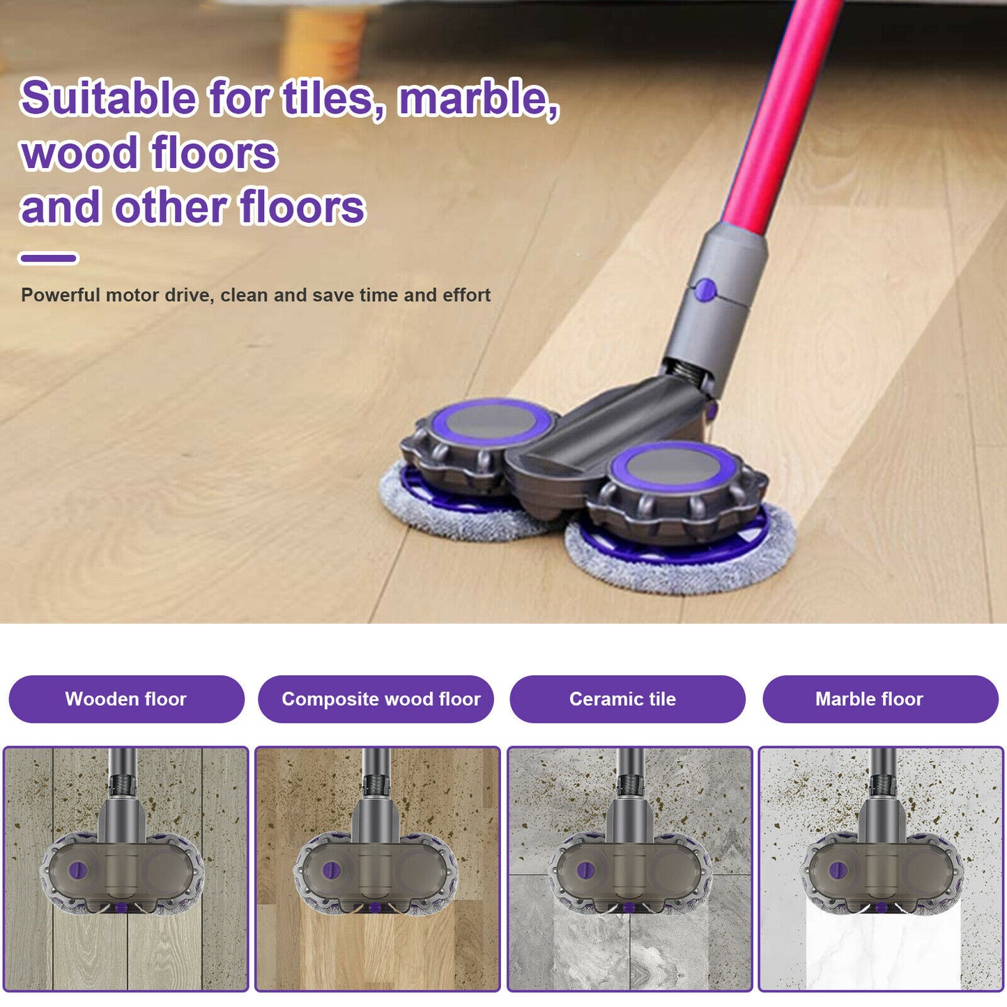 Electric Motorised Mop Head for Dyson V8 V10 V11 V15 Vacuum Cleaners 6 Free Pads