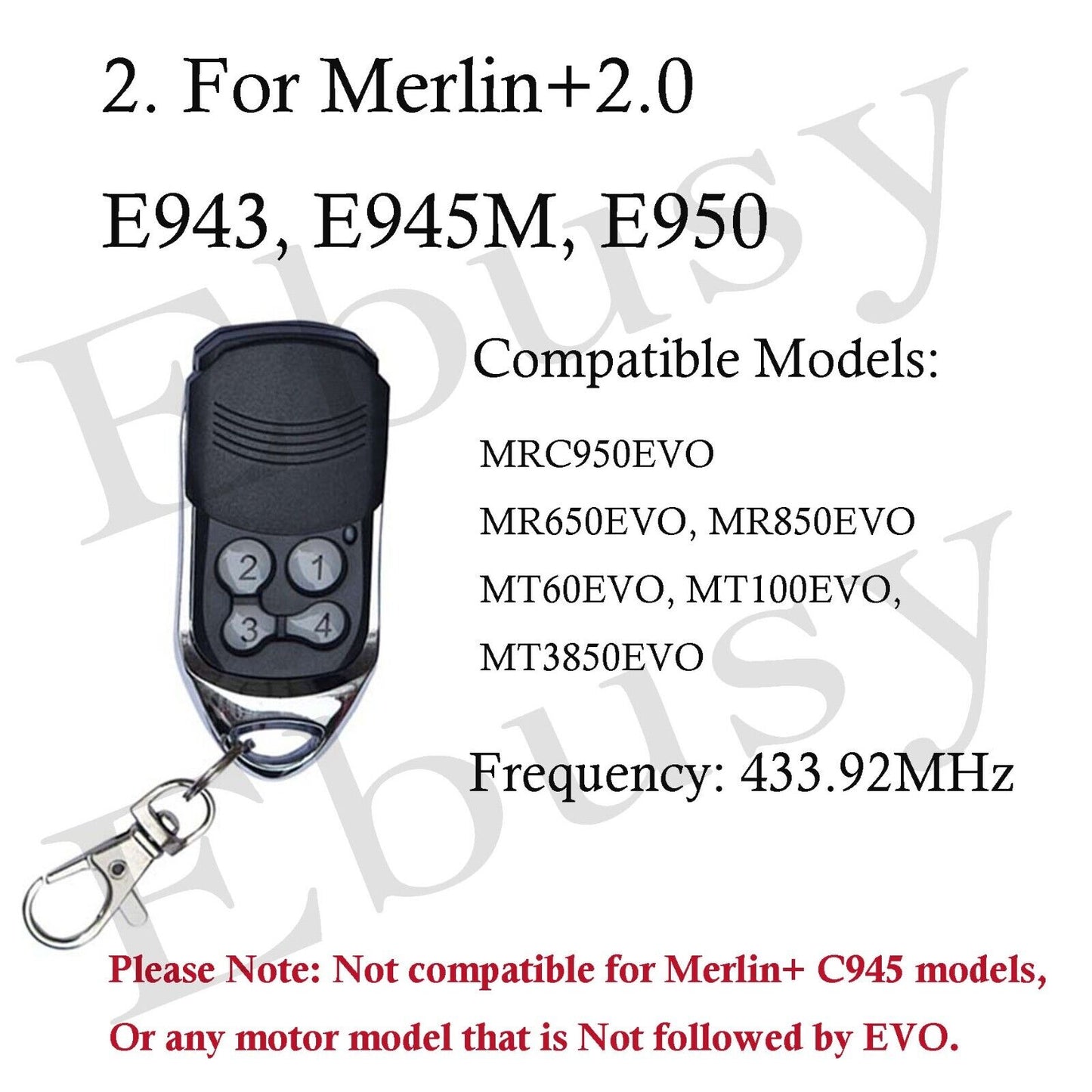 Replacement Garage Door Remote Merlin+2.0 E943 E945M E950