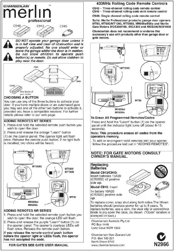 Merlin M842/M832/ M844 Compatible Garage Door Remote Control Prolift 430R