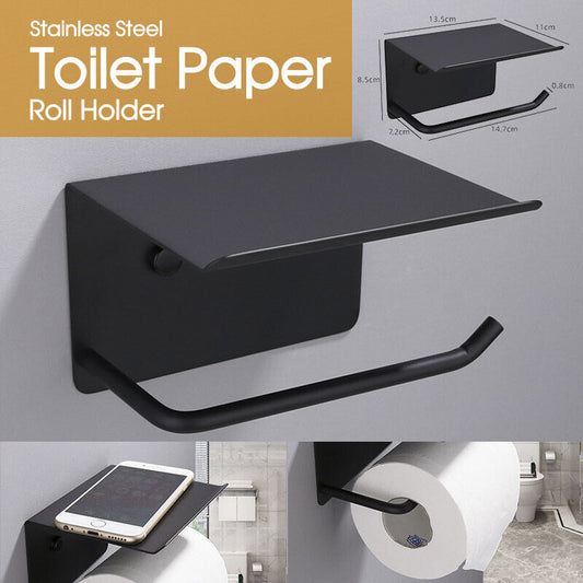 Stainless Steel Toilet Paper Roll Holder Storage + Phone Shelf Bathroom Washroom