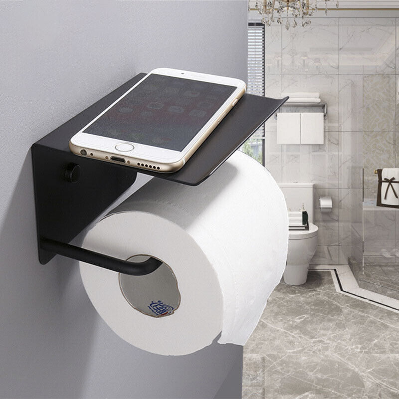 Stainless Steel Toilet Paper Roll Holder Storage + Phone Shelf Bathroom Washroom