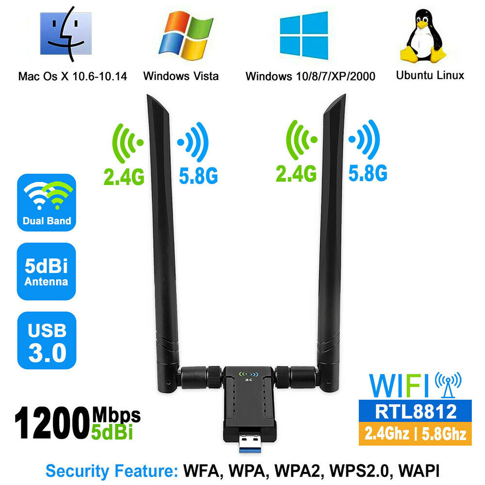 High Power USB AC Wireless WiFi Adapter Dongle 5dBi Dual Antenna 802.11AC