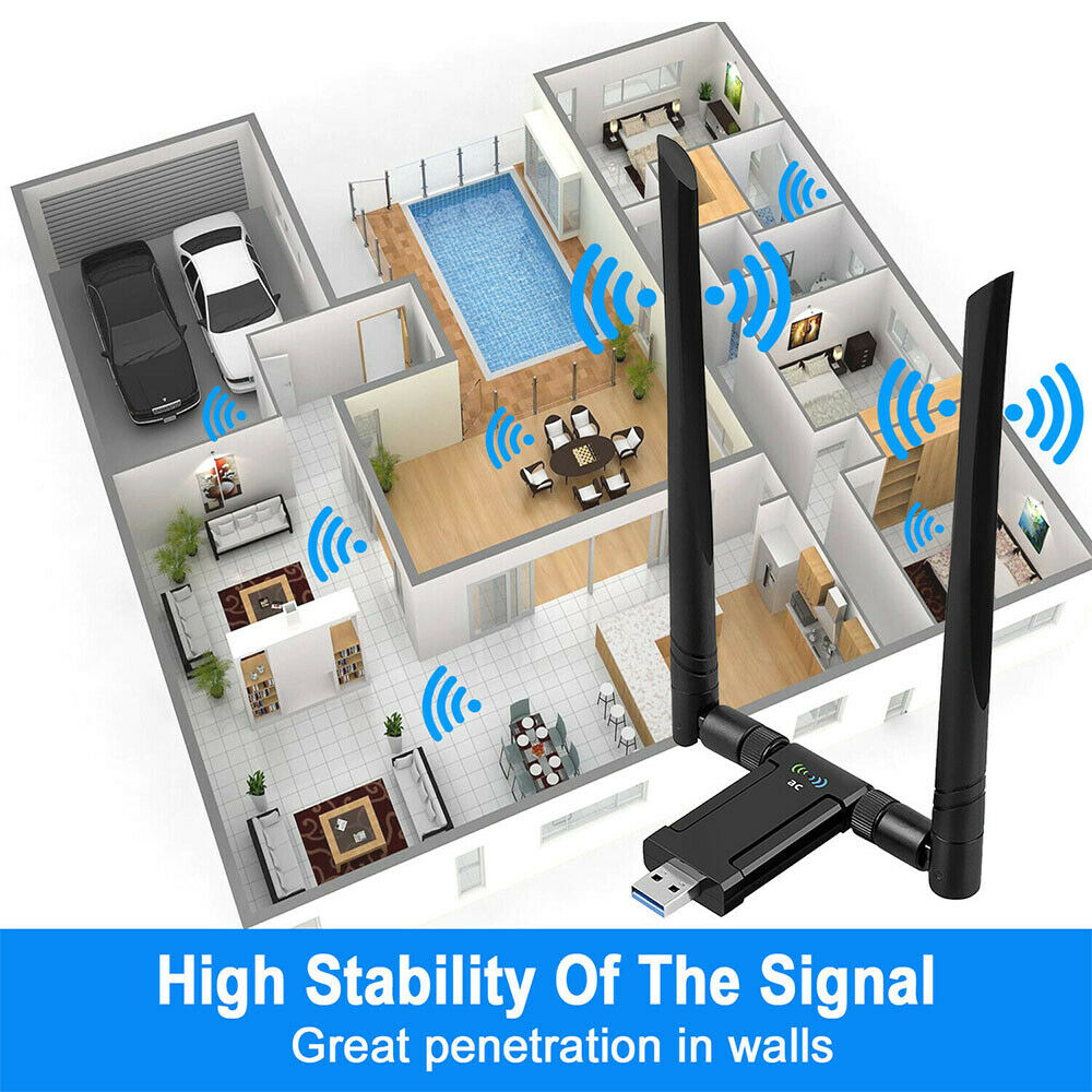 High Power USB AC Wireless WiFi Adapter Dongle 5dBi Dual Antenna 802.11AC