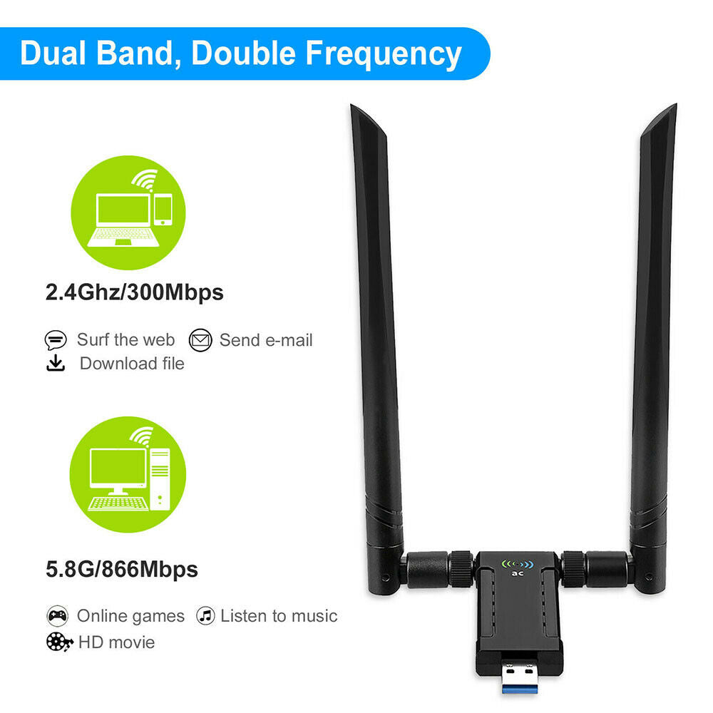 High Power USB AC Wireless WiFi Adapter Dongle 5dBi Dual Antenna 802.11AC