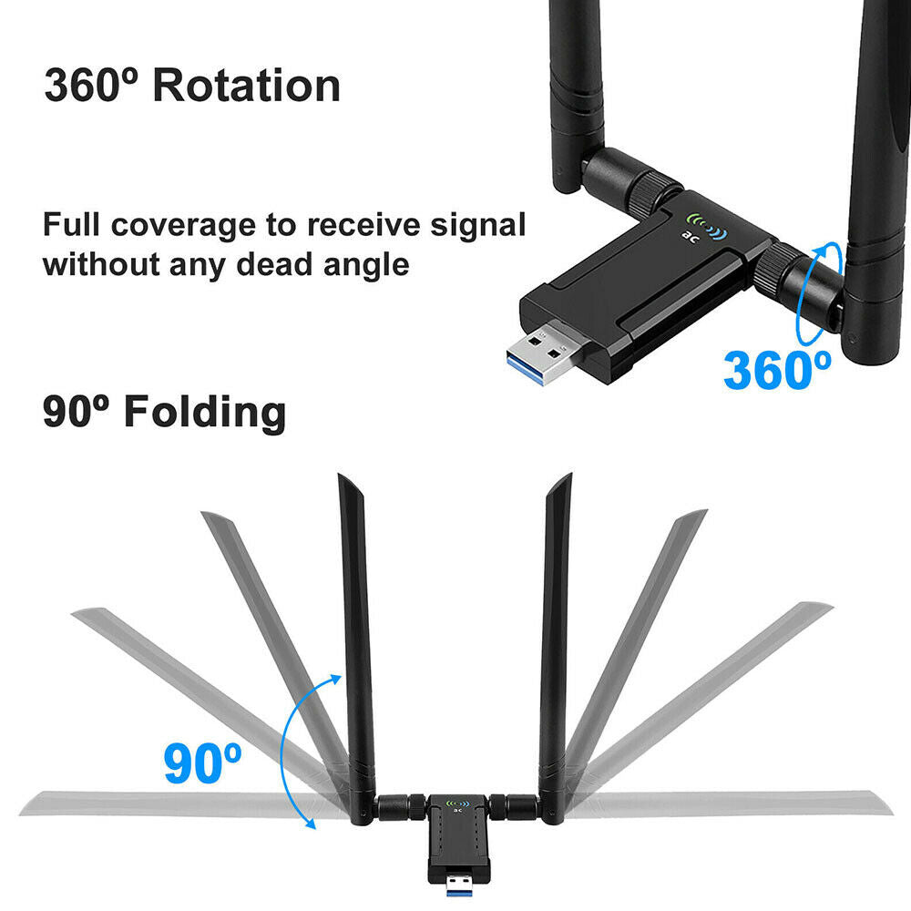 High Power USB AC Wireless WiFi Adapter Dongle 5dBi Dual Antenna 802.11AC